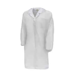 Camice in PLP bianco con bottoni con elastico ai polsi, senza tasche.